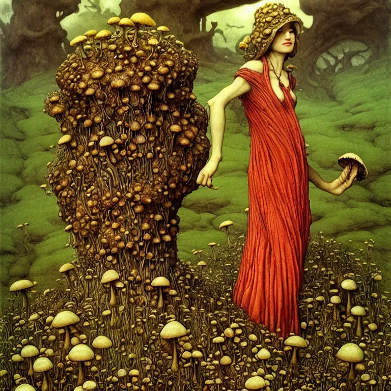 Prompt: A funguswoman stands among the mushroom hills. Wearing a fungus and mushroom. Perfect faces, extremely high details, detailed, realistic, fantasy art, solo, masterpiece, art by Zdzisław Beksiński, Arthur Rackham, Dariusz Zawadzki, Edward Robert Hughes, Eugene de Blaas, Frederic Leighton