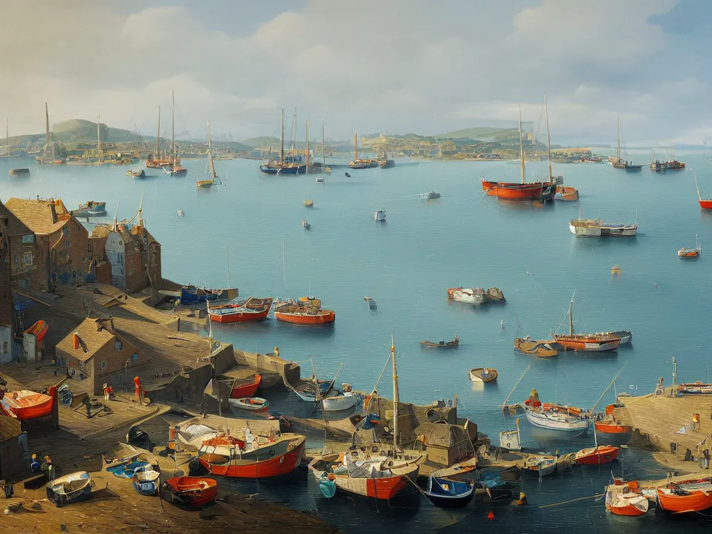 Image similar to a detailed gouache painting illustration of a typical English coastal fishing harbor, by Michiel Schrijver, ultra-hd, sharp focus, isometric