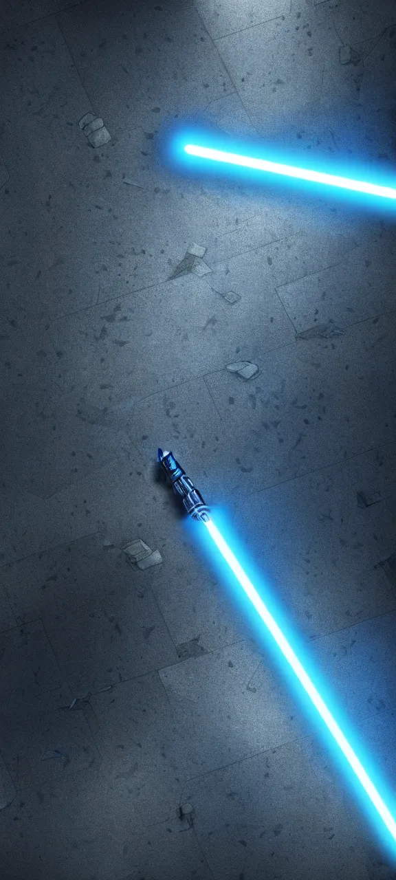 Prompt: detailed cinematic render, of a blue cyberpunk lightsaber lying in a dark abandoned shrine floor, photo from above, octane render 8 k, digital art, lightsaber wallpaper 4 k, ray tracing, jedi fallen order lightsaber wallpaper 4 k, cal kestis lightsaber wallpaper