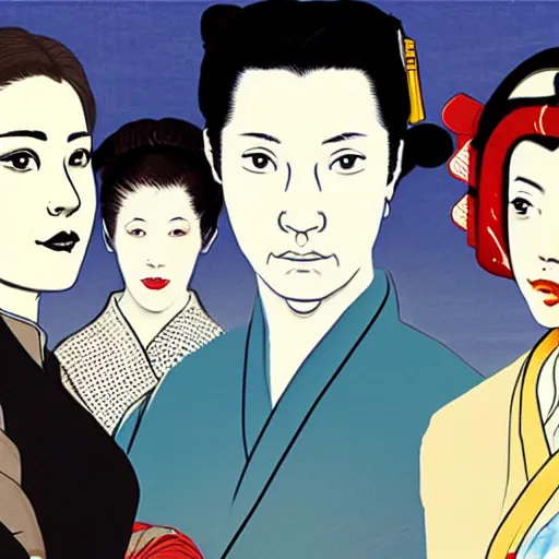 Image similar to cast of firefly, digital art, utamaro kitagawa mixed with banksy style