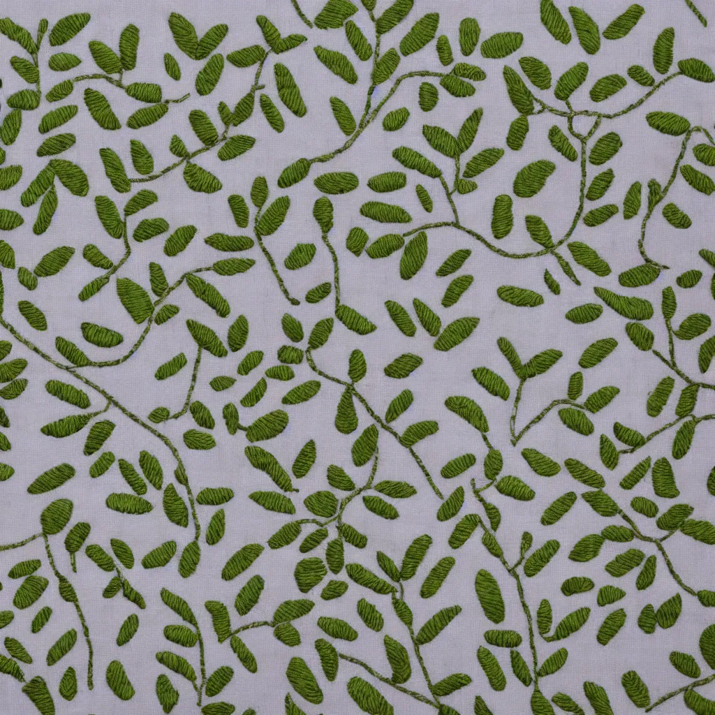 Image similar to embroidered pattern of currant leaves on white linen fabric