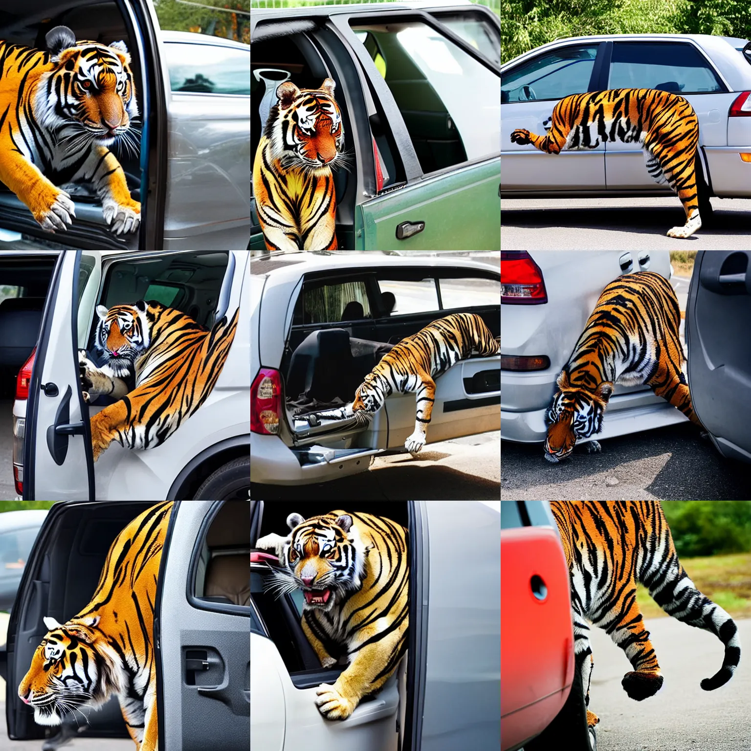 Prompt: animal tiger leaning out of a car door