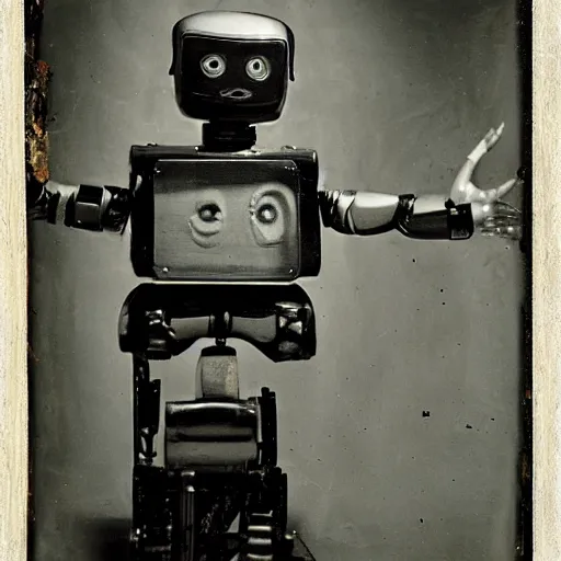 Image similar to humanoid robot, advanced humanoid robots, sleek robot, in log cabin living room, tintype photograph