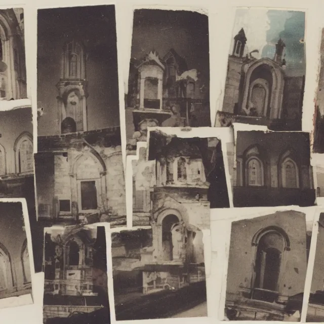 Prompt: collage of polaroid photographs of burning churches