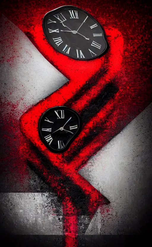 Image similar to a melting Roman numeral clock, behind a red and black gradient background, awith a black heart shaped on the top left corner and a black diamond card shape in the bottom right corner, dynamic lighting, photorealistic fantasy concept art, trending on art station, stunning visuals, cinematic, creative, ultra detailed