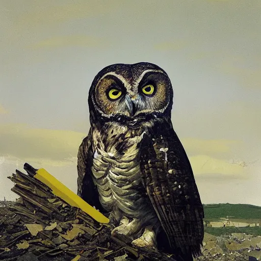 Image similar to shredded physique feathered round fat beak Portrait of Henry James camouflaged as Owl whilst wearing a yellow tuxedo Standing atop a Garbage Truck Greg Rutkowski Vik Muniz clarence holbrook carter Andrew Wyeth Dan Witz