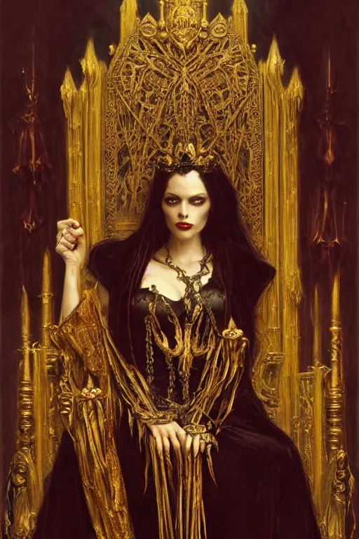 Image similar to perfectly centered portrait of beautiful vampire queen in gold gothic robe sitting on a throne of bones, painting by gaston bussiere, craig mullins, j. c. leyendecker, 8 k, mid shot