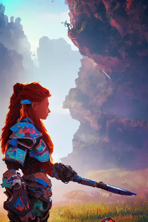 Image similar to combination suit armor aloy horizon forbidden west horizon zero dawn radiating a glowing aura global illumination ray tracing hdr fanart arstation by ian pesty and alena aenami artworks in 4 k tribal robot ninja mask helmet backpack