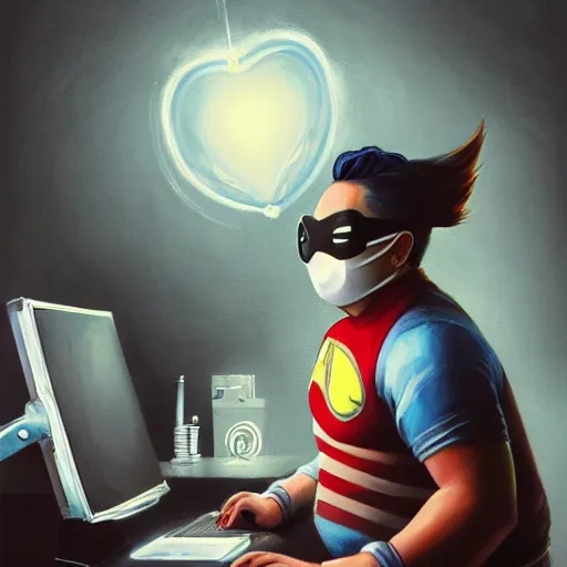 Image similar to an insanely detailed painting of a chubby nerdy asian man wearing a homemade superhero costume and mask, sitting at a computer desk typing on the keyboard, in the style of peter mohrbacher, dramatic lighting and composition, trending on artstation, concept art, comic book, graphic novel, back view