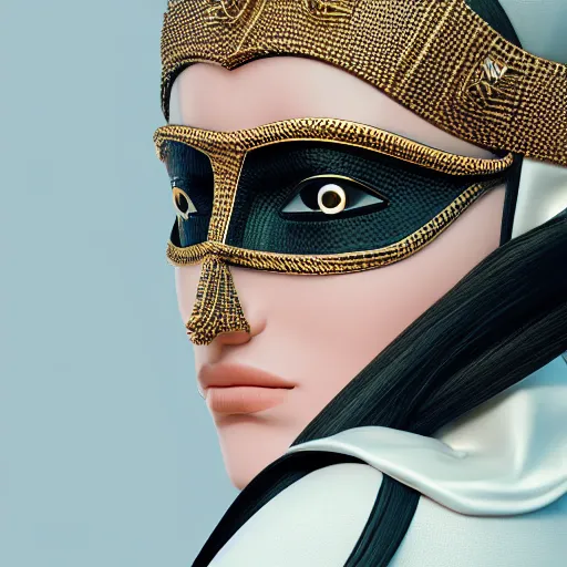 Image similar to portrait of masked dune dynasty with chanel clothes, white background, chanel logo, 8 k, symmetrical, 3 d render, octane render, insane details