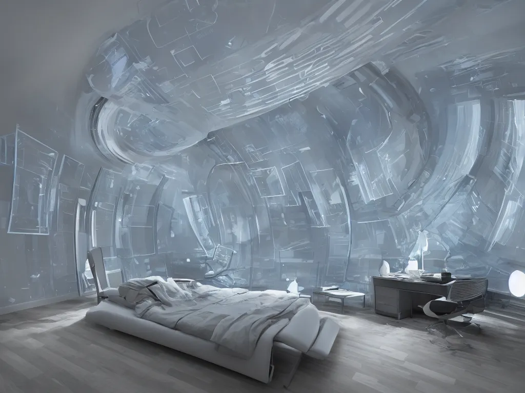 Prompt: bedroom with curved translucent screens projecting detailed sci - fi art ( 2 0 4 2 ), pixel perfect photograph, high contrast, volumetric lighting, thin glowing lights, chair, users, pair of keys