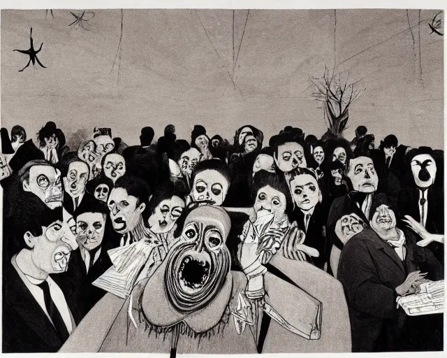 Image similar to the horror of beaurocracy, papers, horror, desks, office, waiting, stress, frustration, anger, crowded, harsh cinematic lighting, high qulity, 4 k, by charles addams and hilma af klint and affandi