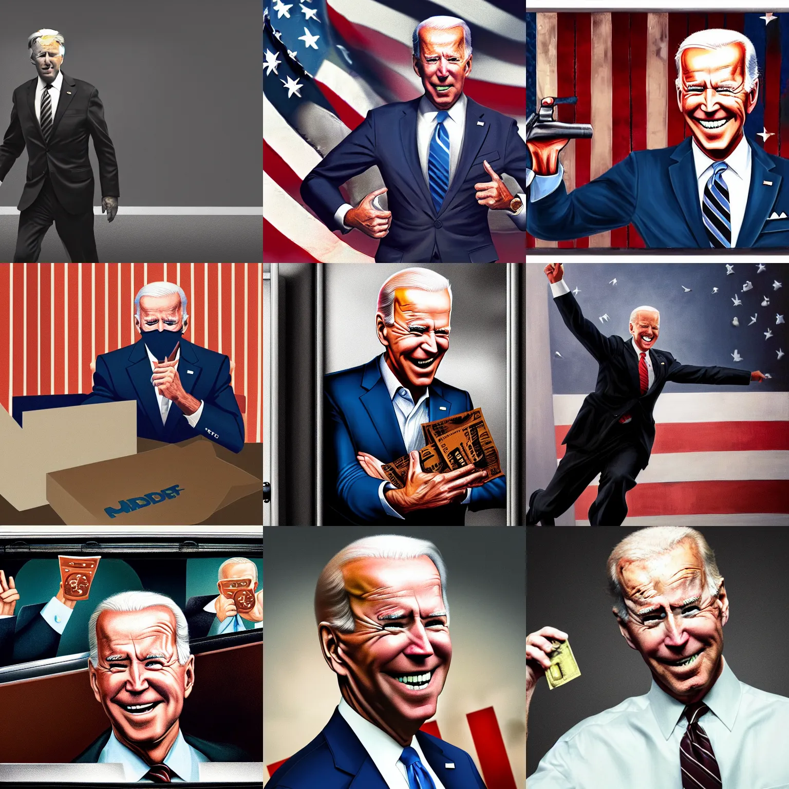 Prompt: a very high resolution matte oil painting of portrait joe biden robbing a bank, extremely detailed, disturbing, cinematic, 4 k, 8 k