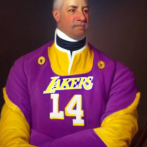 Image similar to official portrait of the los angeles lakers dictator, 1 7 8 0, in full lakers military garb. oil on canvas by william sidney mount, oil on canvas, octane render