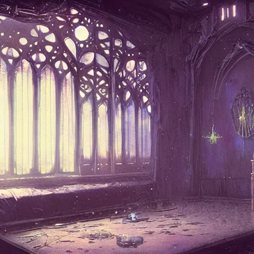 Prompt: detailed painting of bladerunner interior room with celestial ephemeral ornaments and gothic architecture, artstation, beksinski, cinematic