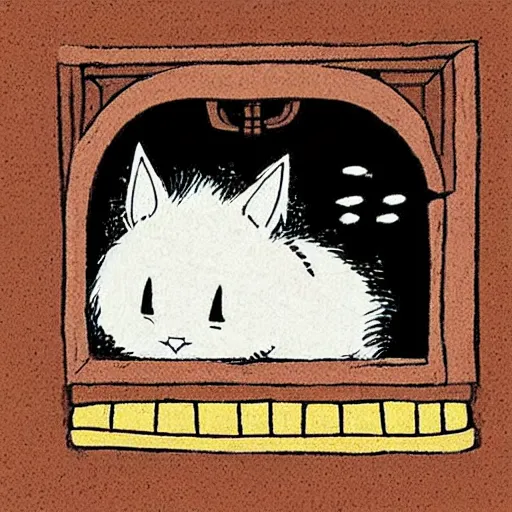 Image similar to “studio ghibli style illustration of a black cat sleeping on a window next to a blonde girl”