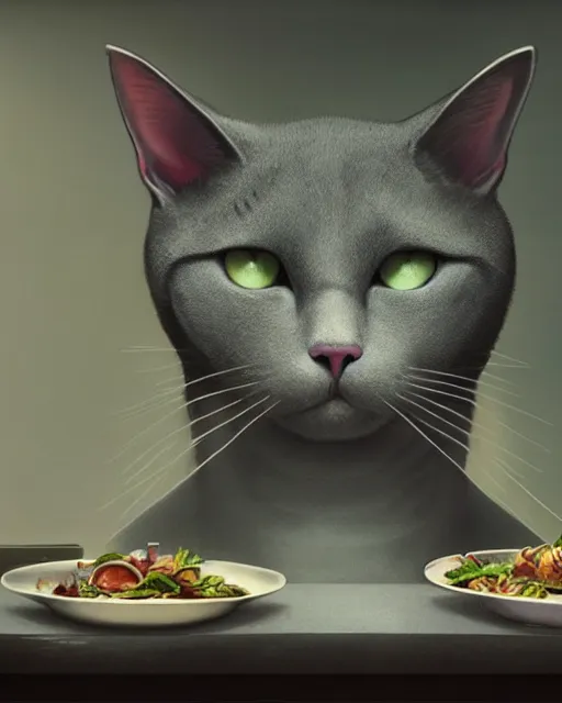 Prompt: highly detailed surreal vfx portrait of a grey cat with chefs hat on cooking a meal, stephen bliss, unreal engine, greg rutkowski, loish, rhads, beeple, makoto shinkai and lois van baarle, ilya kuvshinov, rossdraws, tom bagshaw, alphonse mucha, global illumination, detailed and intricate environment