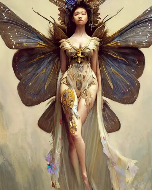 Prompt: Moth Fairy Maiden with large moth like wings wearing ornate dress by Ruan Jia and Andrei Riabovitchev, featured on Artstation, Hyperdetailed, stylized, realistic oil on linen, masterpiece, fantasy, dark academia