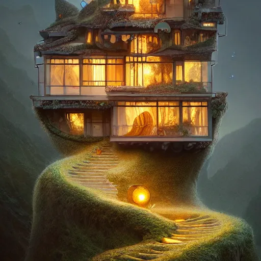 Image similar to ! dream small hillside house made of honey and milk, modern lighting, hyper - realistic, hyper - detailed, 8 k, octane rendered, art nouveau, organic, flowing, impossible torsion, writhing, dusk, lush, dynamic, in the style of ross tran and jean baptiste monge