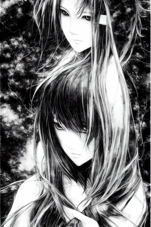 Image similar to a vertical portrait of a character in a scenic environment by Yoshitaka Amano, black and white, dreamy, dark eyes, wavy long black hair, highly detailed