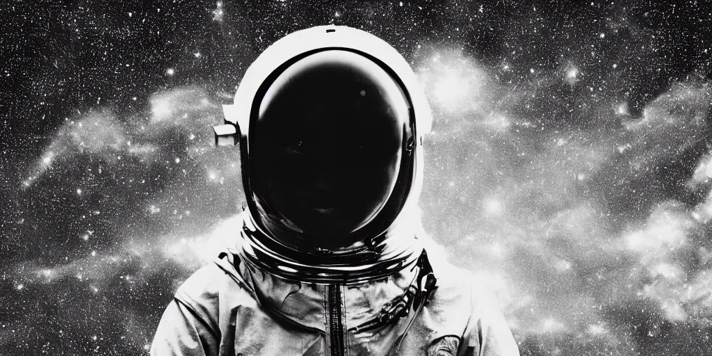 Image similar to etching portrait of a woman wearing a space helmet, scifi, big clouds visible in the background, stars in the sky, high contrast, deep black tones, depth of field, smudges