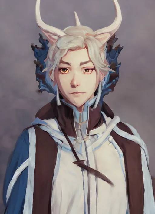 Prompt: concept art painting of a fully clothed person with brown skin and short white hair, demon horns, deer ears, blue tunic and robes, detailed, d & d style, cel shaded, in the style of ruan jia and artgerm and makoto shinkai and james gurney