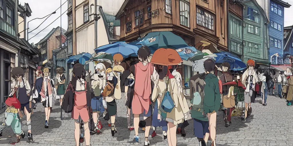 Image similar to anime Highly detailed street life in stavanger by noon, strong atmosphere by Studio ghibli