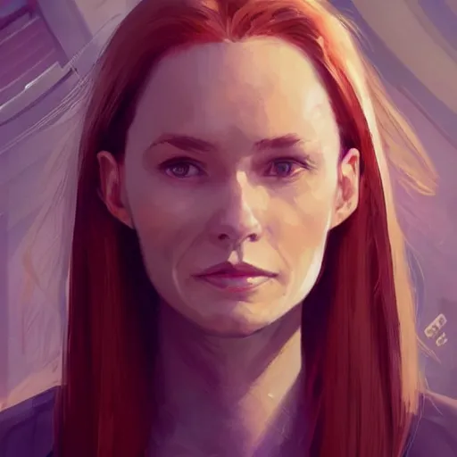 Image similar to Portrait of a woman by Greg Rutkowski, she is about 30 years old, redhead, long straight hair, beautiful oval face, wearing a futuristic spaceship captain uniform, strict but caring mom vibes, highly detailed portrait, digital painting, artstation, concept art, smooth, sharp foccus ilustration, Artstation HQ.