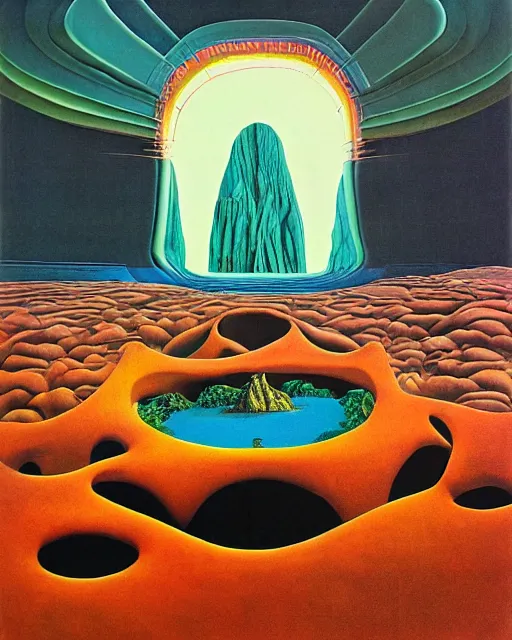 Prompt: inside the giant's mouth there is a temple within roger dean, stanley donwood