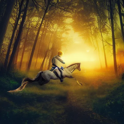 Image similar to arrows struck astronaut riding a horse in a fantasy forest, landscape, evening ambience, sunset, cinematic, digital art, front lit, epic, cinematic