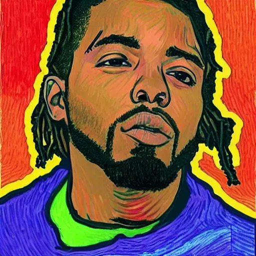 Prompt: portrait of kendrick lamar in a yeezy sweatshirt in the style of vincent van gogh, colorful, artistic, vibrant, high fashion, art