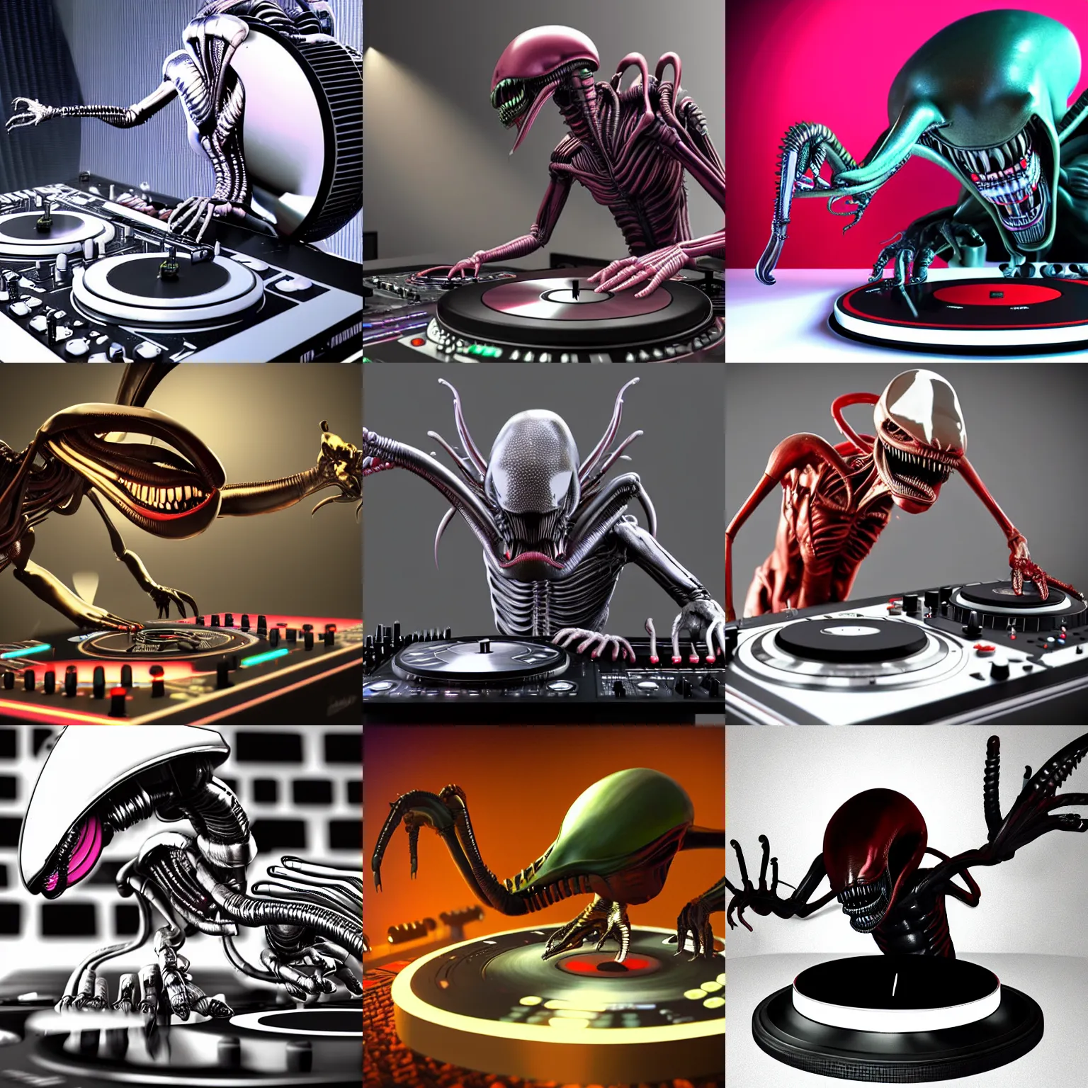 Prompt: 3d render of photoreal xenomorph alien DJing with DJ turntables, unreal