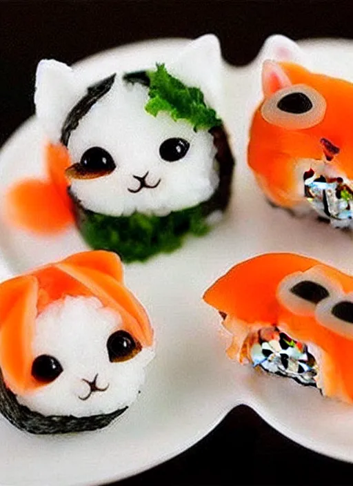 Image similar to clear photorealistic picture of adorable cats made out of sushi