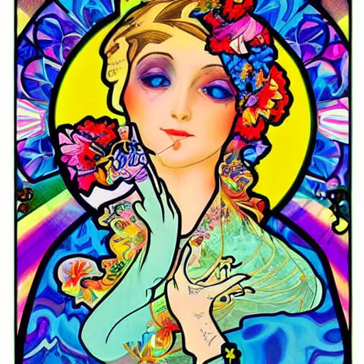 Image similar to how to get high, painted by lisa frank and alfons mucha