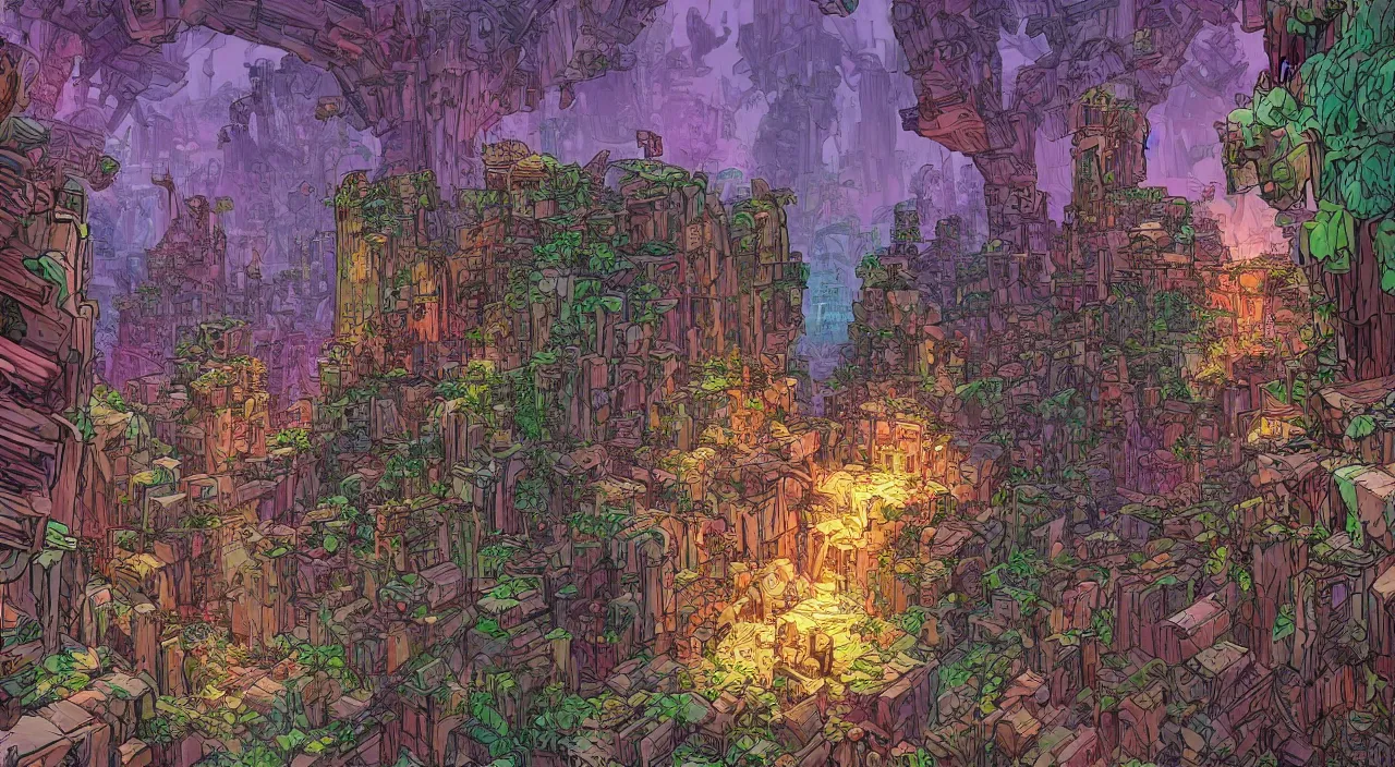 Image similar to open door wood wall fortress greeble block amazon jungle on portal unknow world ambiant fornite colorful deepdream that looks like it is from borderlands and by feng zhu and loish and laurie greasley, victo ngai, andreas rocha, john harris