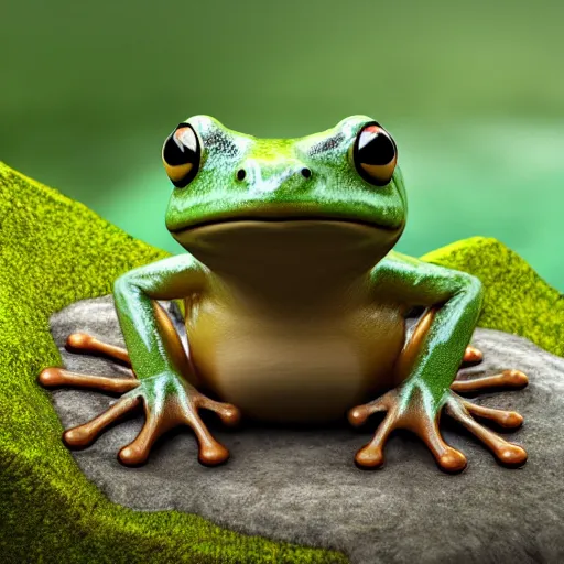 Image similar to a cute little frog sitting on a rock in the middle of a forest lake, isometric minimalist 3d render, unreal engine 5