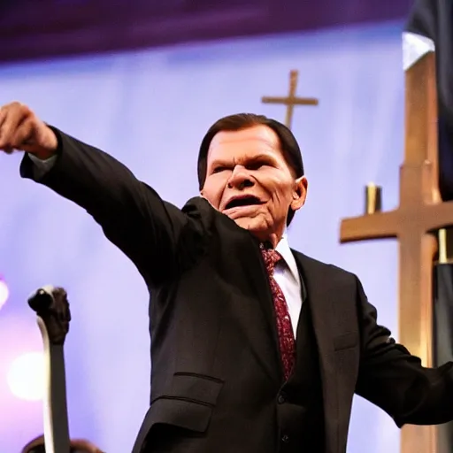 Image similar to kenneth copeland holding an axe chasing crowd in church