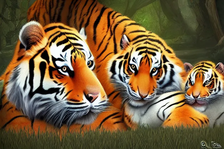 Image similar to beautiful aesthetic digital illustration of a solitary female tiger with her litter of newborn cubs by Lisa Parker and Anne Stokes, matte background, deviantArt, artstation, trending on artstation