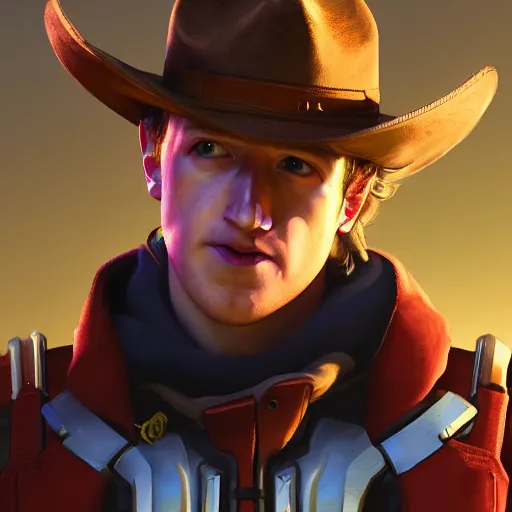 Image similar to a screenshot of mark zuckerberg as mccree in overwatch, portrait, fantasy, beautiful face, vivid colors, elegant, concept art, sharp focus, digital art, hyper - realistic, 4 k, unreal engine, highly detailed, hd, dramatic lighting by brom, trending on artstation