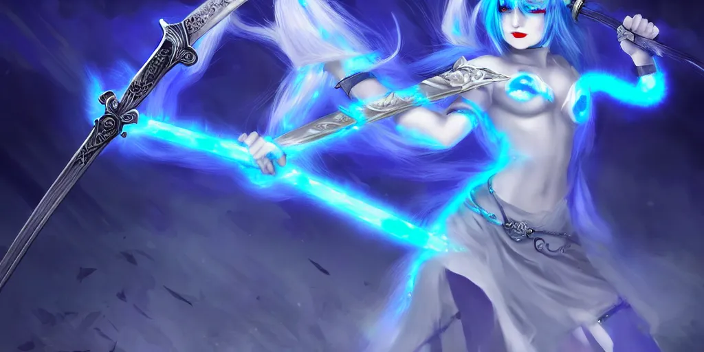 Prompt: the girl's blue hair dances with electricity, her eyes glowing with untold amount of power, her sword a blade made of light. she gazed upon the horde of monster in front of her fearlessly, with the elegance of a true knight, digital art