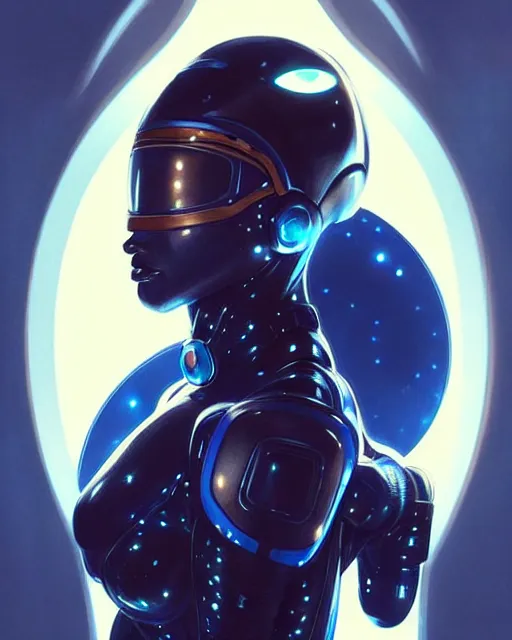 Image similar to Portrait of very very very very very very beautiful black woman, spacesuit, futuristic cybernetic helmet, blue eyes, real life skin, intricate, elegant, highly detailed, artstation, concept art, smooth, sharp focus, art by artgerm and greg rutkowski and alphonse mucha