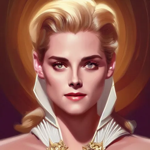 Prompt: A combination of Grace Kelly's and Kristen Stewart's and Ashley Greene's faces as She-Ra, western, D&D, fantasy, intricate, elegant, highly detailed, digital painting, artstation, concept art, matte, sharp focus, illustration, art by Artgerm and Greg Rutkowski and Alphonse Mucha