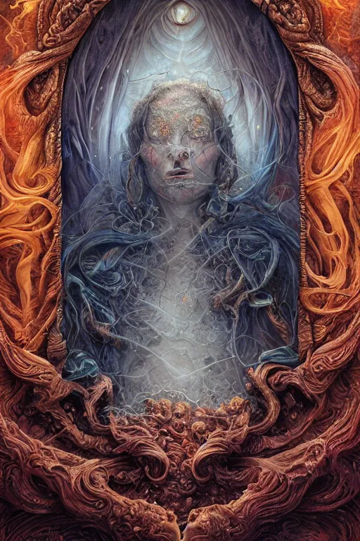 Image similar to A beautiful detailed tarot card, by tomasz alen kopera and Justin Gerard, symmetrical features, ominous, magical realism, texture, intricate, ornate, royally decorated, whirling smoke, embers, red adornements, red torn fabric, radiant colors, fantasy, trending on artstation, volumetric lighting, micro details, 3d sculpture, ray tracing, 8k, anaglyph effect