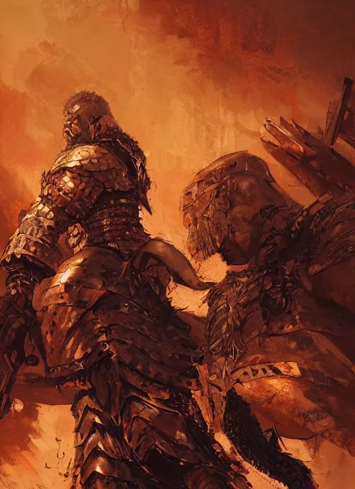 Image similar to ancient historically accurate depiction of the Bible Character Goliath of Gath, the Philistine warrior giant in ancient persian chainmail armor, dramatic lighting art by Yoji Shinkawa by Richard Schmid by greg rutkowski by Sandra Chevrier by Jeremy Lipking cinematic dramatic