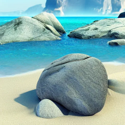 Image similar to a beautiful rock on the beach, octane render, nvidia raytracing demo, detailed, 8 k, masterpiece