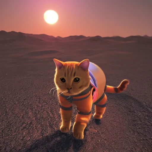 Prompt: cat wearing a spacesuit while walking on martian sunset