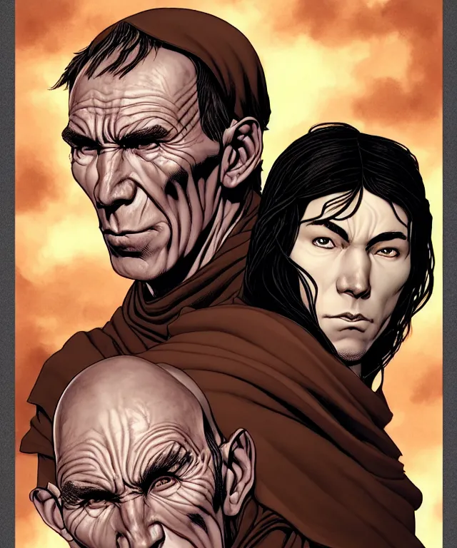 Image similar to a ( fantasy comic ) ( cover art ) portrait of a friar who looks like ( young pete postlethwaite ), digital illustration by jenny frison and sana takeda and kentaro miura, fine inking lines, vivid colors, dnd, highly detailed!, hd, 4 k, trending on artstation