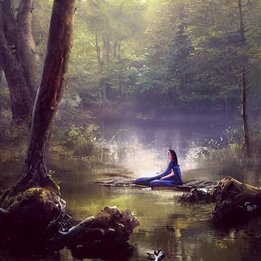 Prompt: water elemental resting at a pond inside a forest, oil painting, by Greg Rutkowski
