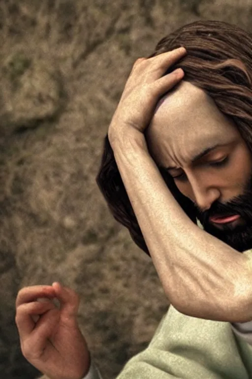 Image similar to jesus doing a facepalm, photorealistic cinematic award winning photo masterpiece