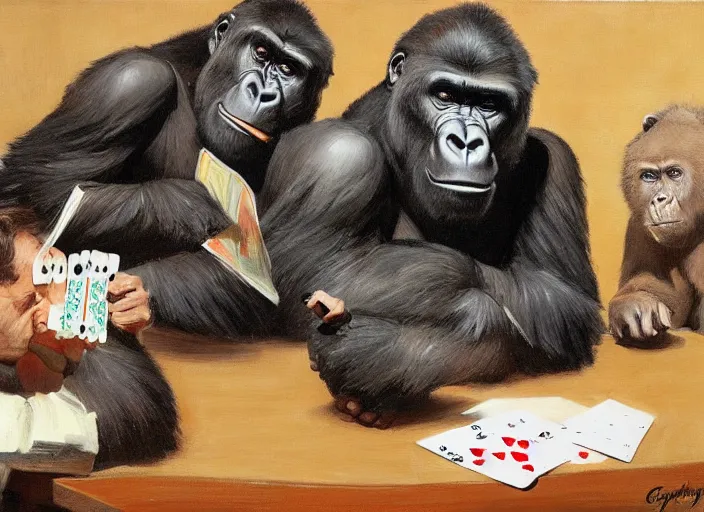 Image similar to a highly detailed beautiful portrait of a gorilla and a bear playing poker, by gregory manchess, james gurney, james jean